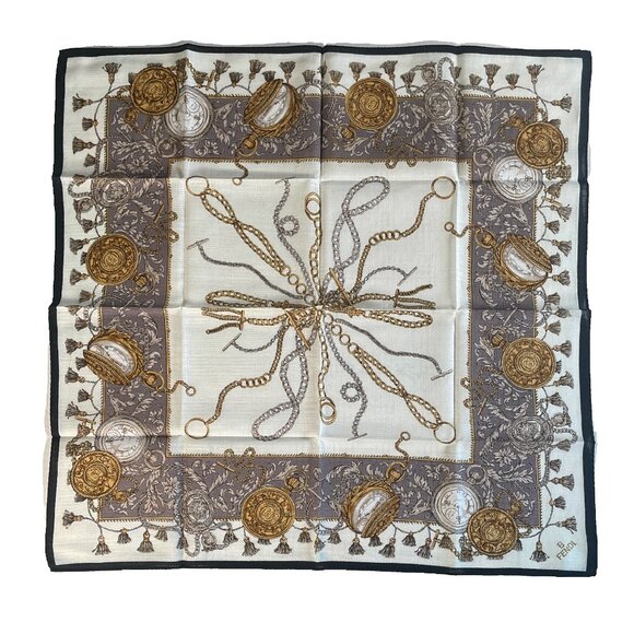 Fendi Vintage Scarf – Pocket Watch & Chain Motif - Picture 1 of 15